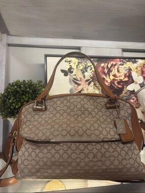 Coach Beige Signature Jacquard Satchel with Tan Leather Trim